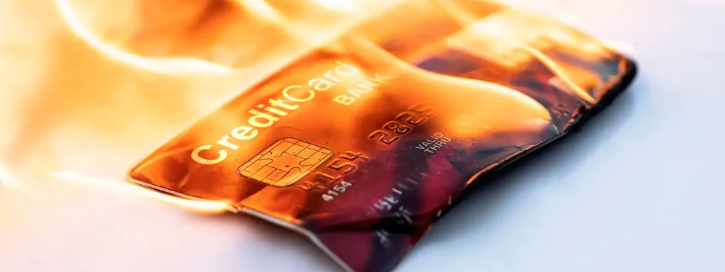 Credit card melting from burning fire on a white table, symbolizing financial stress or overspending.