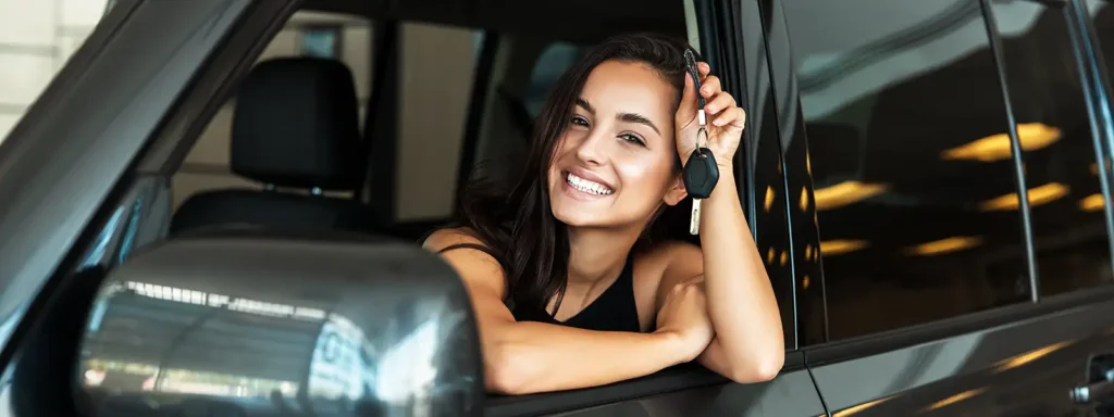 Happy young woman sitting in a car holding a car key and looking through the car window, symbolizing the excitement and benefits of buying a used car.