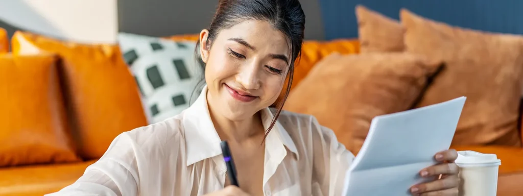 Happy woman writing on a piece of paper, symbolizing the impact of credit inquiries on your credit score.