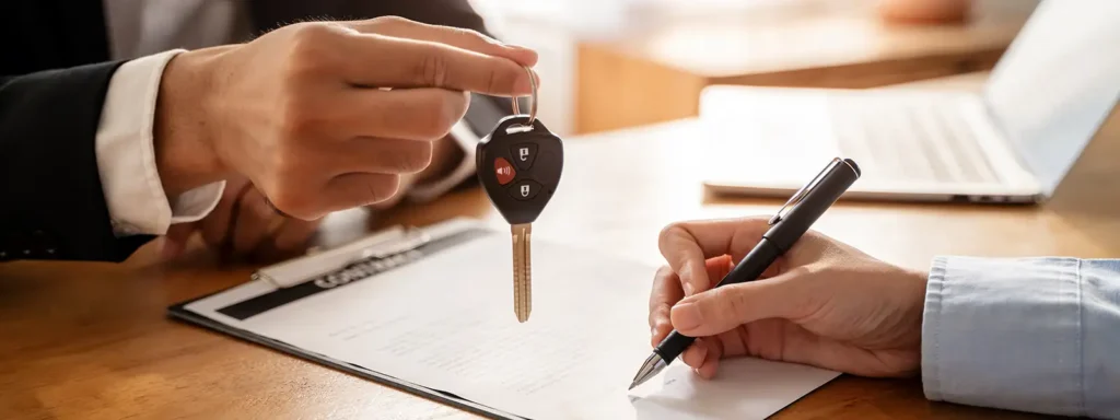 Man handing over a key to a person signing documents in a light, sunny room, symbolizing the process of dealership transactions with in-house financing.