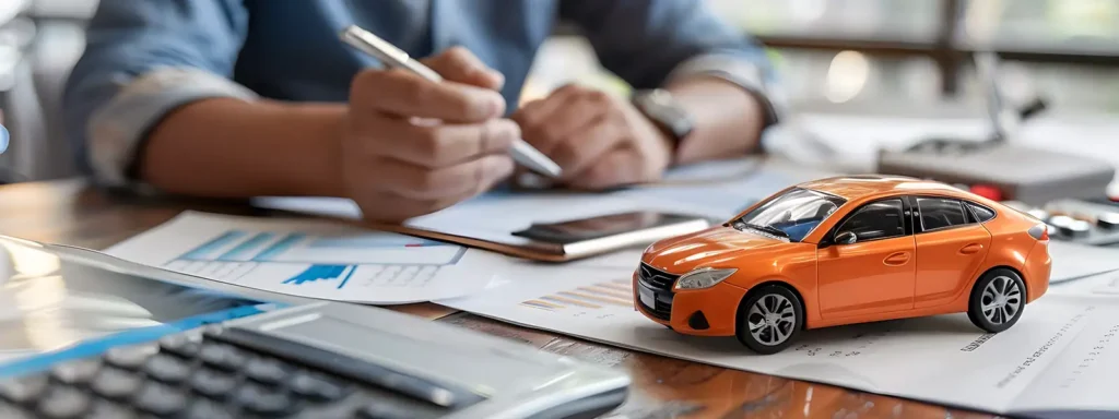 Man calculating finances with graphs on the table and an orange toy car, exploring the role of a cosigner in securing a loan.